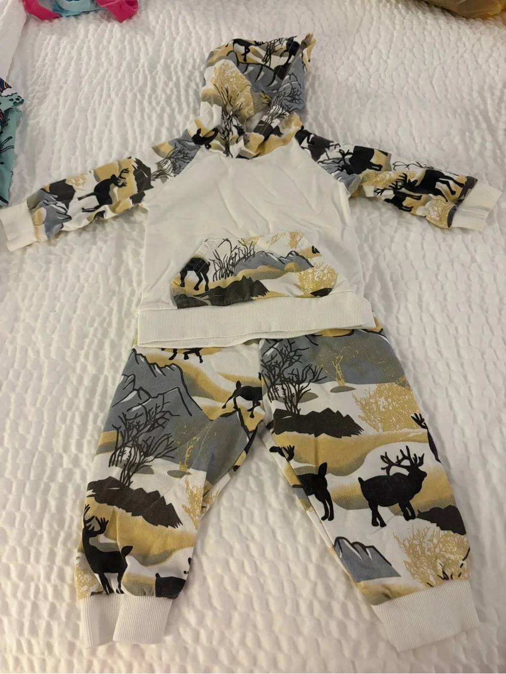 Kids Hooded Pajama Set in White, Gray & Gold Moose Print